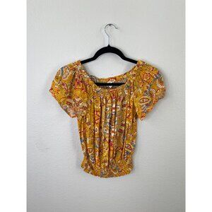 Cynthia Rowley Womens Yellow Floral Boho Smocked Off-Shoulder Top S Casual Chic